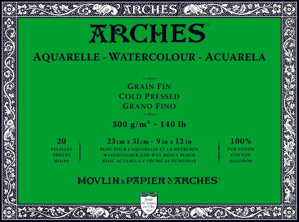 Arches blocco per acquerello, 100% cotone, Grana FINE, 23x31 cm, 300gr/mq, 20 FOGLI